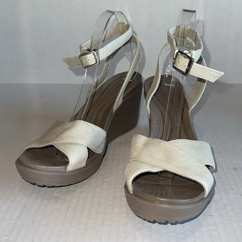 Crocs Leigh II Cream Canvas Strap Wedge Heels